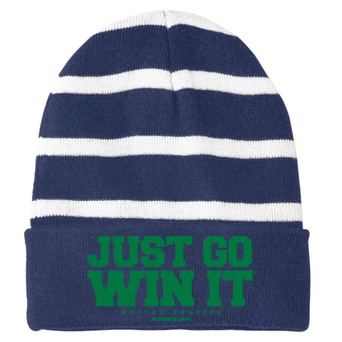 Just Go Win It Boston Playoff Basketball Striped Beanie with Solid Band