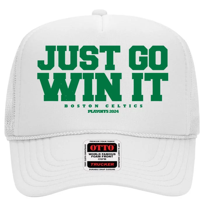 Just Go Win It Boston Playoff Basketball High Crown Mesh Trucker Hat