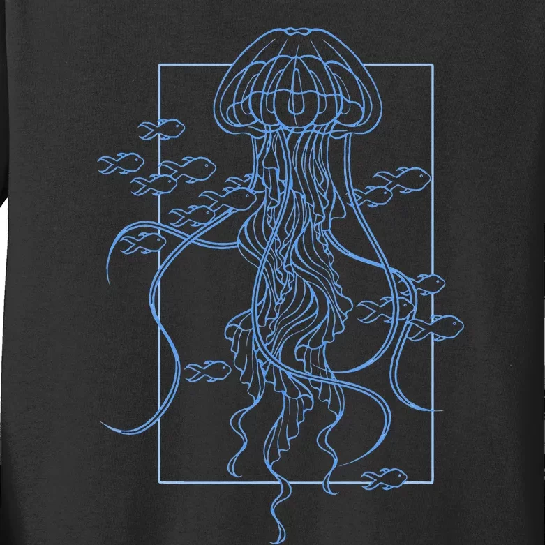 Jellyfish Graphic With Fishes In Sea Kids Long Sleeve Shirt