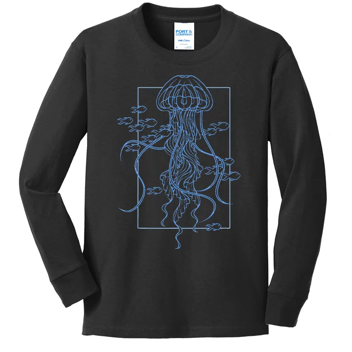 Jellyfish Graphic With Fishes In Sea Kids Long Sleeve Shirt