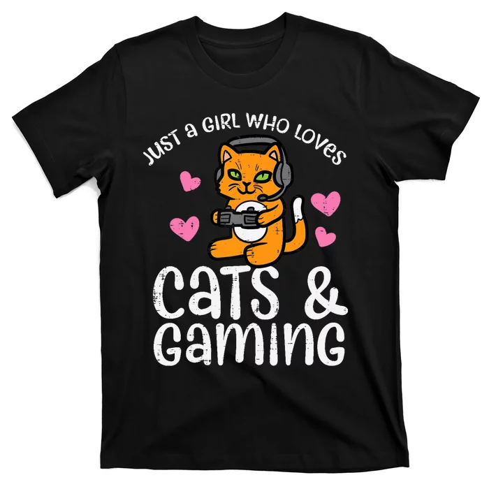 Just Girl Who Loves Cats Gaming Cute Gamer Wo Girl T-Shirt