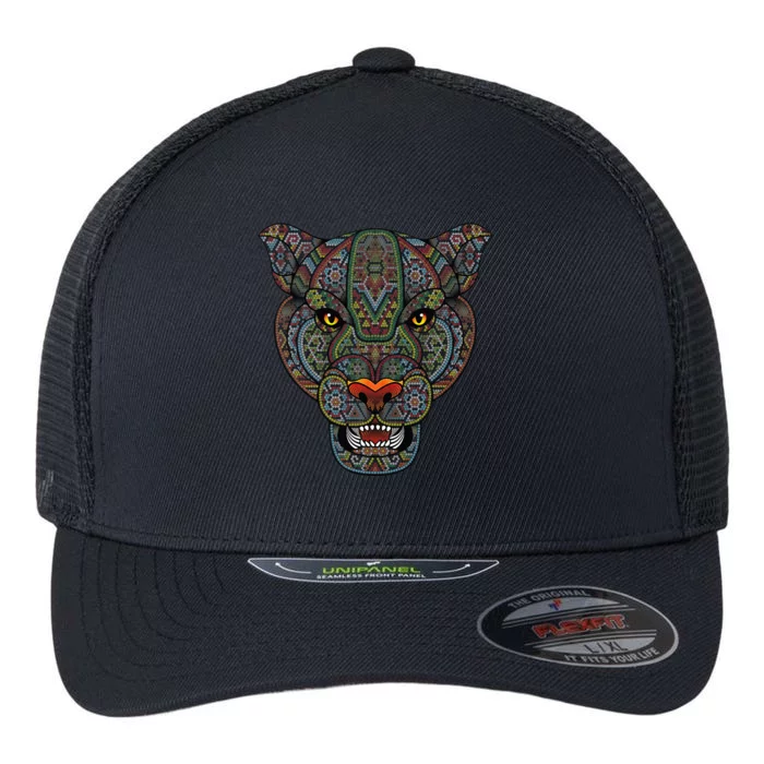 Jaguar Head Art Huichol Face Mexico Aztec Mayas Flexfit Unipanel Trucker Cap