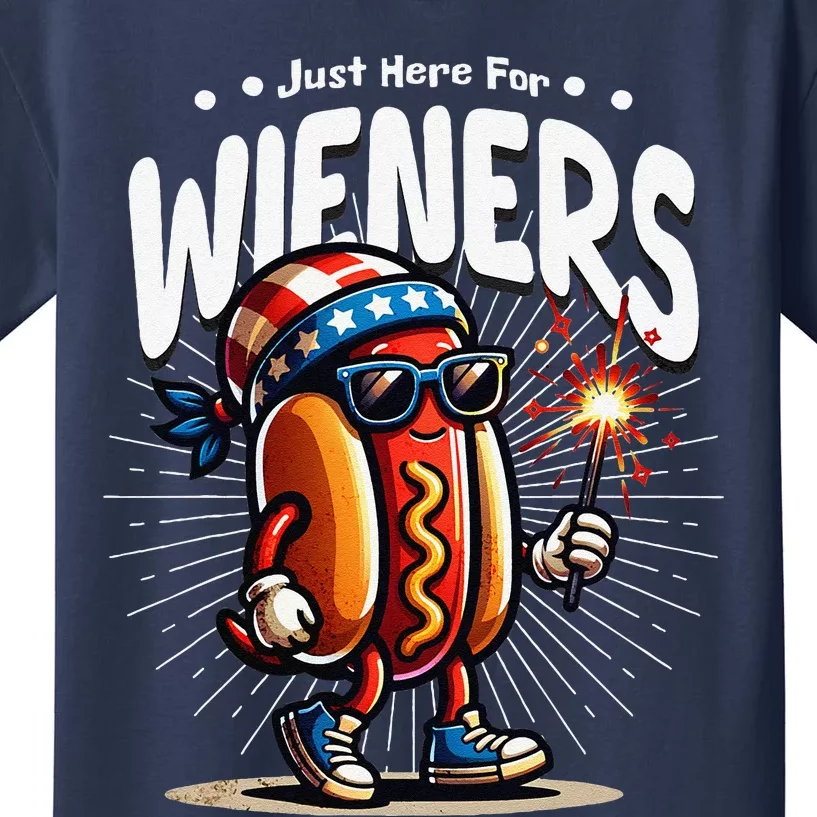 Just Here For The Wieners Fun Hot Dog 4th Of July Kids T-Shirt