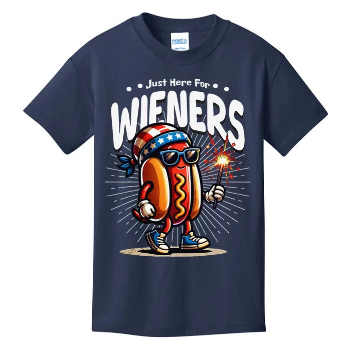 Just Here For The Wieners Fun Hot Dog 4th Of July Kids T-Shirt