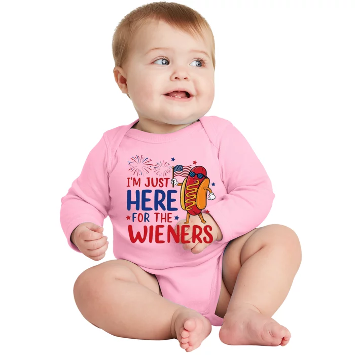 Just Here For The Wieners Funny 4th Of July Baby Long Sleeve Bodysuit