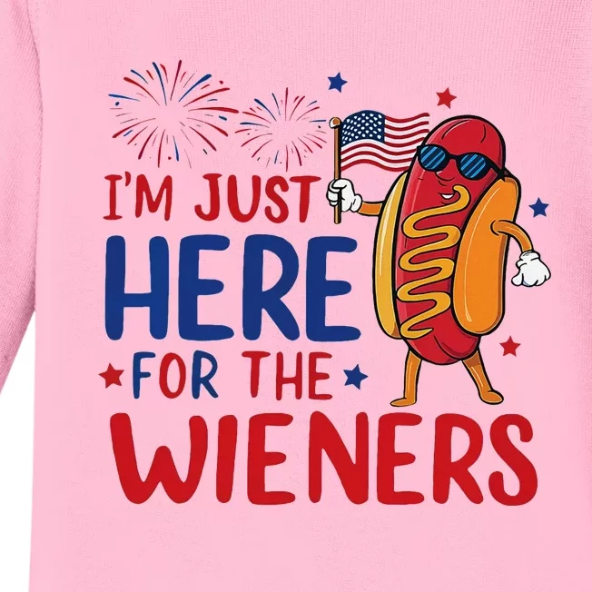 Just Here For The Wieners Funny 4th Of July Baby Long Sleeve Bodysuit