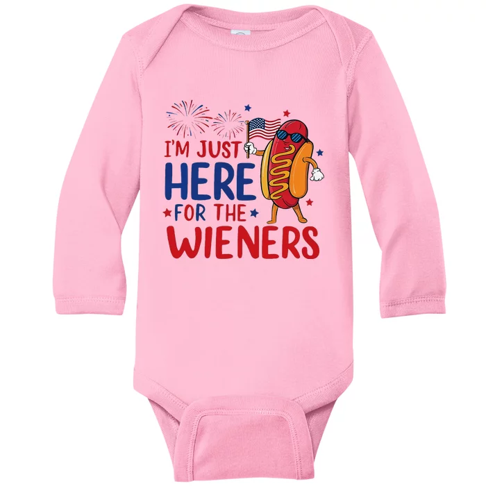 Just Here For The Wieners Funny 4th Of July Baby Long Sleeve Bodysuit