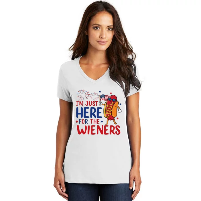 Just Here For The Wieners Funny 4th Of July Women's V-Neck T-Shirt