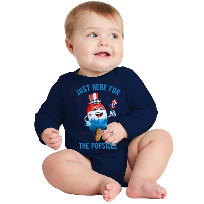 Just Here For The Popsicle 4th Of July Funny Festive Baby Long Sleeve Bodysuit