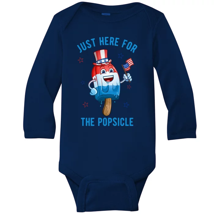 Just Here For The Popsicle 4th Of July Funny Festive Baby Long Sleeve Bodysuit