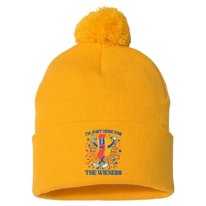 Just Here For The Wieners Hot Dog Funny 4th Of July Pom Pom 12in Knit Beanie