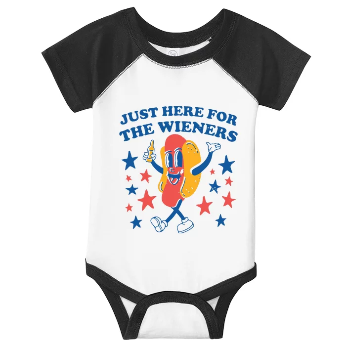 Just Here For The Wieners 4th Of July Funny Hot Dot Infant Baby Jersey Bodysuit