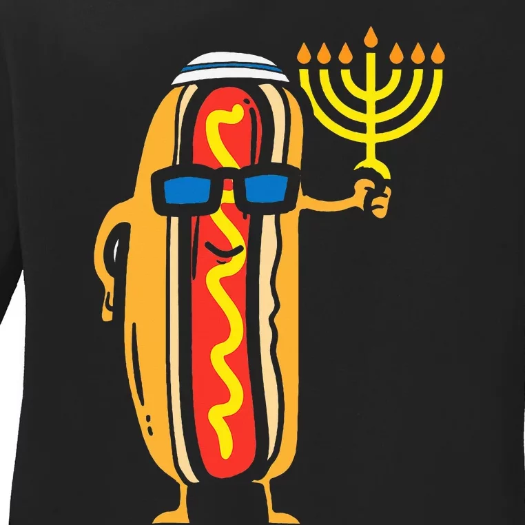 Jewish Hotdog Funny Food Hanukkah Pajamas Chanukah PJs US Ladies Long Sleeve Shirt