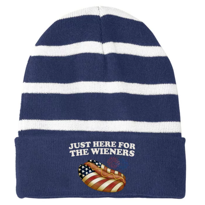 Just Here For The Wieners 4th Of July Striped Beanie with Solid Band