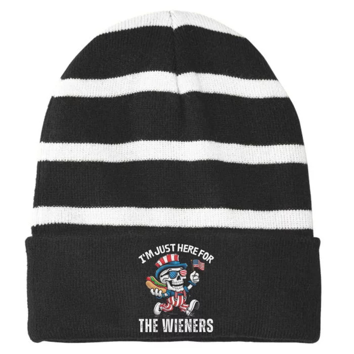 Just Here For The Wieners Funny 4th Of July Hot Dog Skeleton Striped Beanie with Solid Band