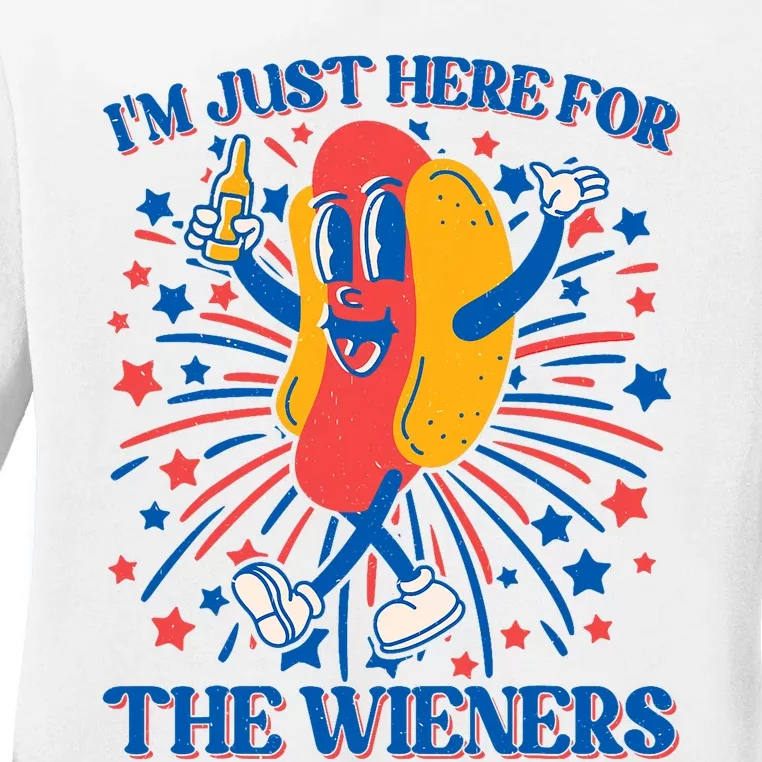 Just Here For The Wieners Hot Dog Funny 4th Of July Ladies Long Sleeve Shirt