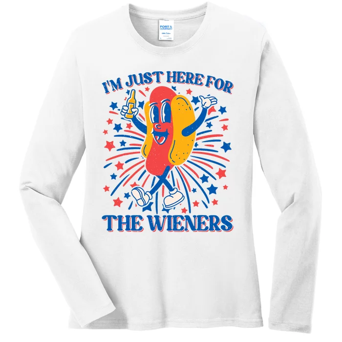 Just Here For The Wieners Hot Dog Funny 4th Of July Ladies Long Sleeve Shirt