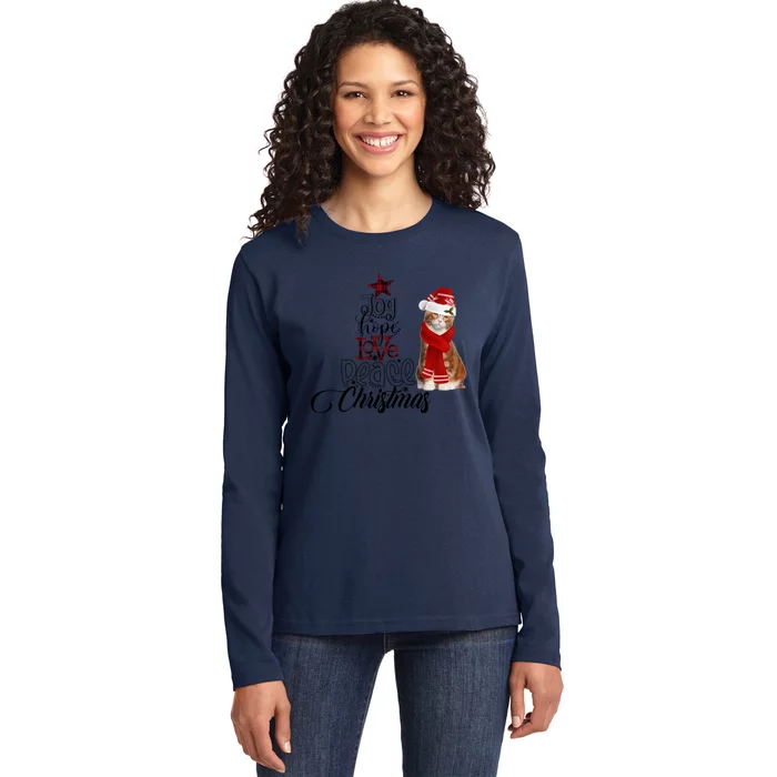 Joy Hope Love Peace Christmas Cat Decor Lights Xmas Gift Ladies Long Sleeve Shirt