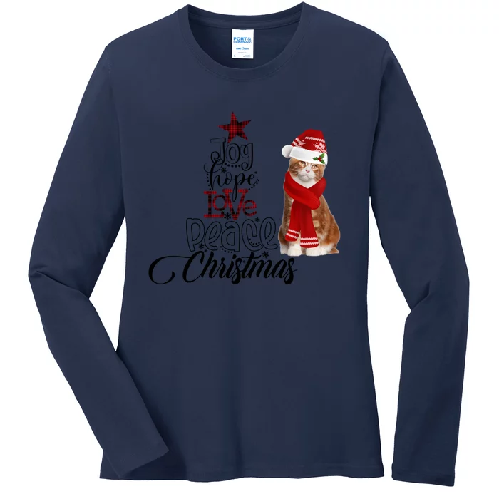 Joy Hope Love Peace Christmas Cat Decor Lights Xmas Gift Ladies Long Sleeve Shirt