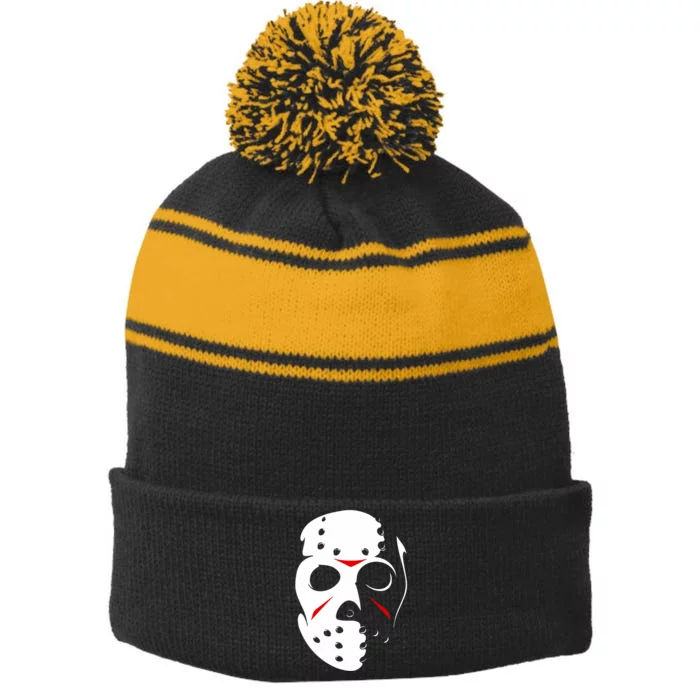 Jason Hockey Mask Halloween Friday 13th Stripe Pom Pom Beanie