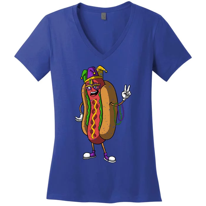 Jester Hotdog Masquerade Mask Mardi Gras Carnival Parade Gift Women's V-Neck T-Shirt