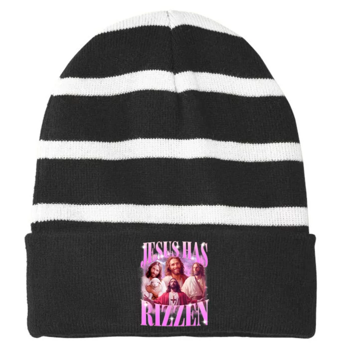 Jesus Has Rizzen Vintage Christian Jesus Playing Basketball Striped Beanie with Solid Band