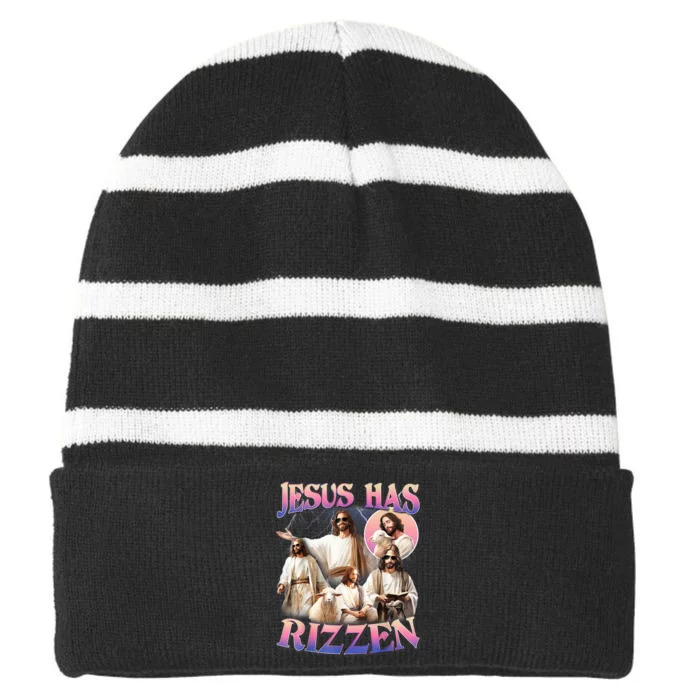 Jesus Has Rizzen Vintage Christian Gift Jesus Striped Beanie with Solid Band