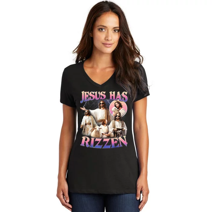 Jesus Has Rizzen Vintage Christian Gift Jesus Women's V-Neck T-Shirt