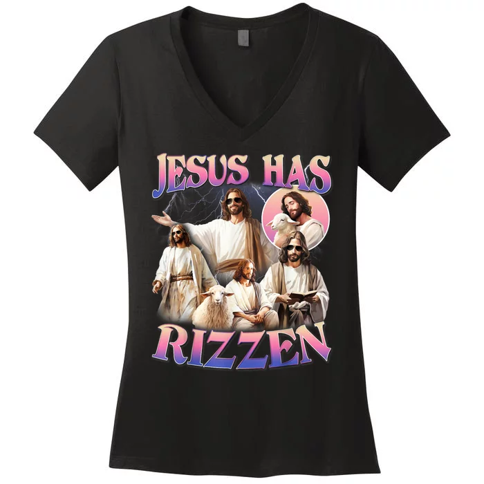 Jesus Has Rizzen Vintage Christian Gift Jesus Women's V-Neck T-Shirt