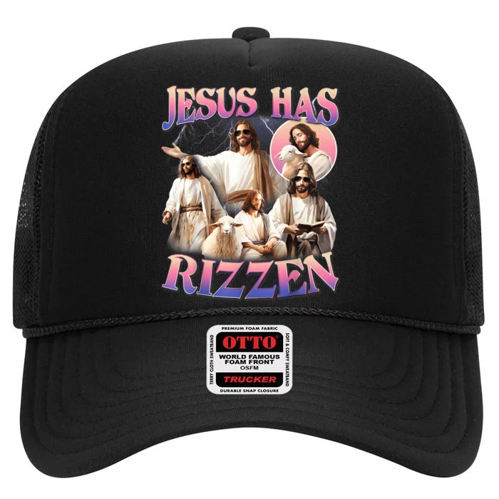 Jesus Has Rizzen Vintage Christian Design Jesus High Crown Mesh Trucker Hat