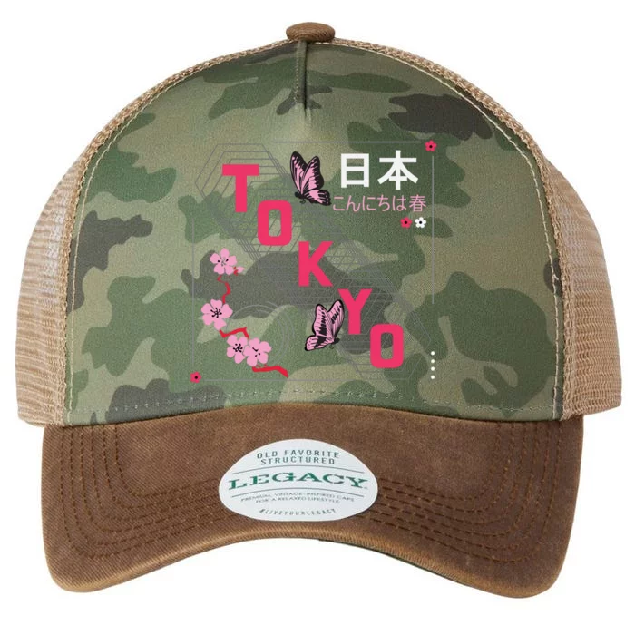 Japan Hello Spring Tokyo Text With Flower And Butterflies Legacy Tie Dye Trucker Hat