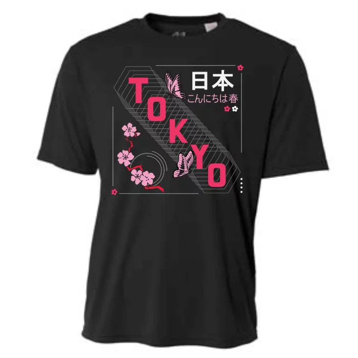 Japan Hello Spring Tokyo Text With Flower And Butterflies Cooling Performance Crew T-Shirt