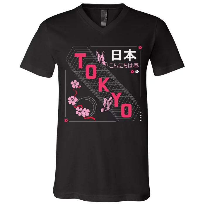 Japan Hello Spring Tokyo Text With Flower And Butterflies V-Neck T-Shirt