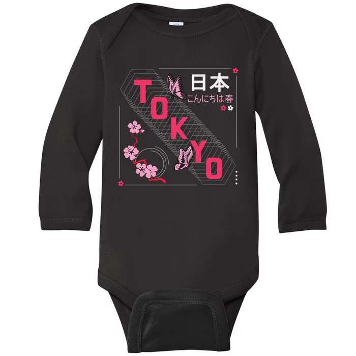 Japan Hello Spring Tokyo Text With Flower And Butterflies Baby Long Sleeve Bodysuit