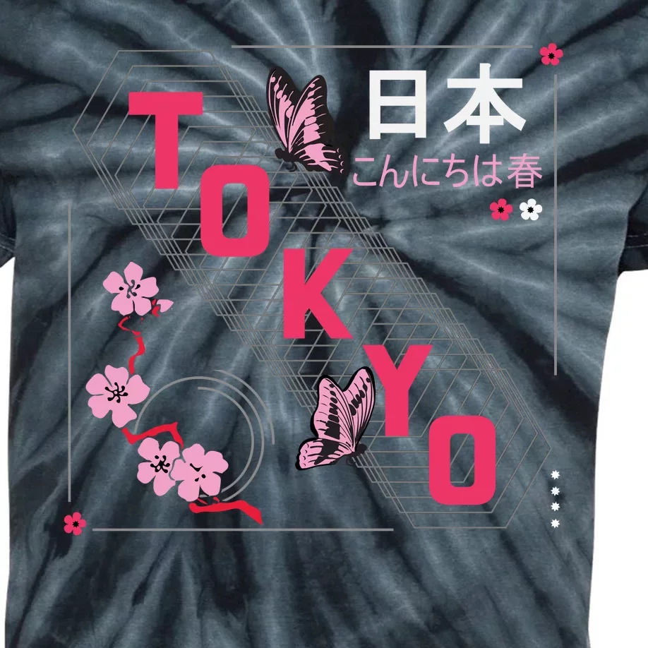 Japan Hello Spring Tokyo Text With Flower And Butterflies Kids Tie-Dye T-Shirt