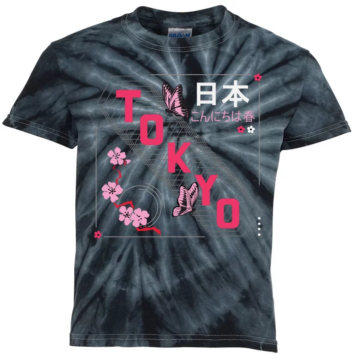 Japan Hello Spring Tokyo Text With Flower And Butterflies Kids Tie-Dye T-Shirt