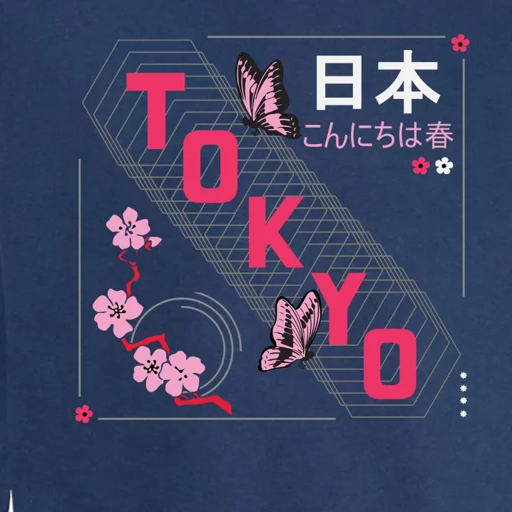 Japan Hello Spring Tokyo Text With Flower And Butterflies Garment-Dyed Sweatshirt