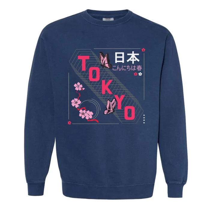 Japan Hello Spring Tokyo Text With Flower And Butterflies Garment-Dyed Sweatshirt