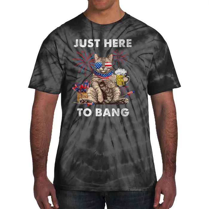 Just Here To Bang USA Flag Funny Beer 4th Of July Cat Lover Tie-Dye T-Shirt