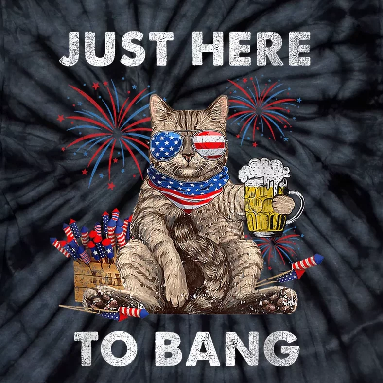 Just Here To Bang USA Flag Funny Beer 4th Of July Cat Lover Tie-Dye T-Shirt