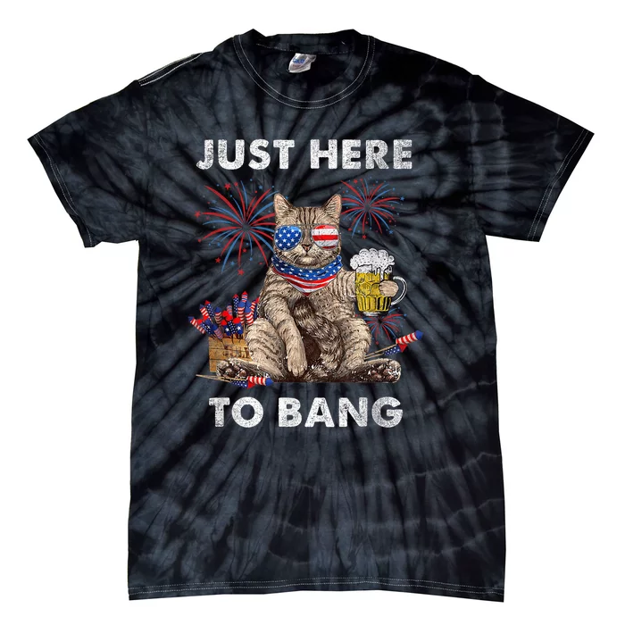 Just Here To Bang USA Flag Funny Beer 4th Of July Cat Lover Tie-Dye T-Shirt