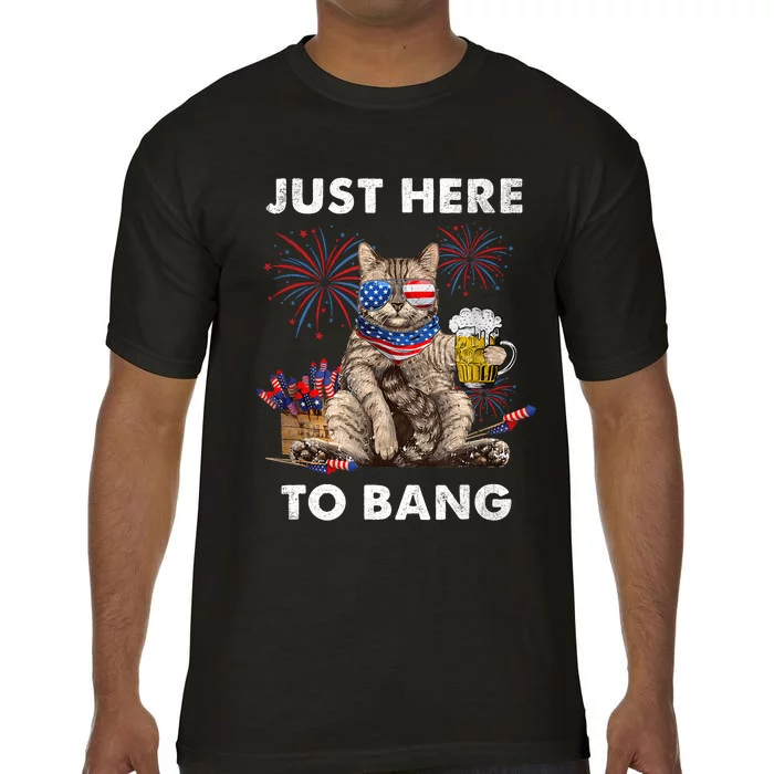 Just Here To Bang USA Flag Funny Beer 4th Of July Cat Love Comfort Colors T-Shirt