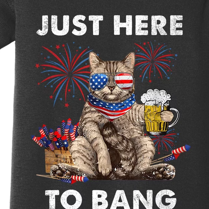 Just Here To Bang USA Flag Funny Beer 4th Of July Cat Love Baby Bodysuit