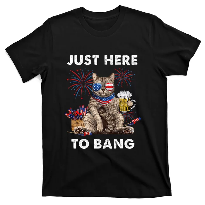 Just Here To Bang Usa Flag Funny Beer 4th Of July Cat Lover T-Shirt