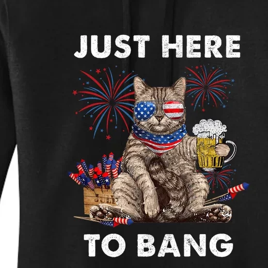 Just Here To Bang Usa Flag Funny Beer 4th Of July Cat Lover Women's Pullover Hoodie