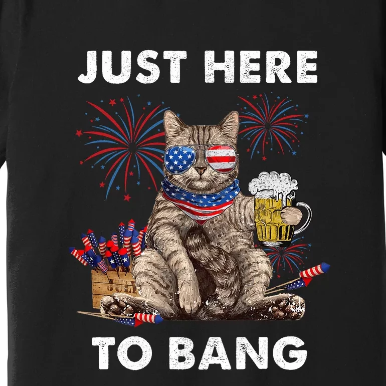 Just Here To Bang Usa Flag Funny Beer 4th Of July Cat Lover Premium T-Shirt