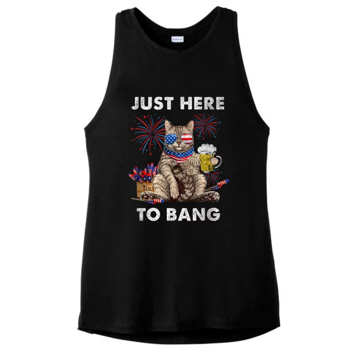 Just Here To Bang USA Flag Funny Beer 4th Of July Cat Lover Ladies Tri-Blend Wicking Tank