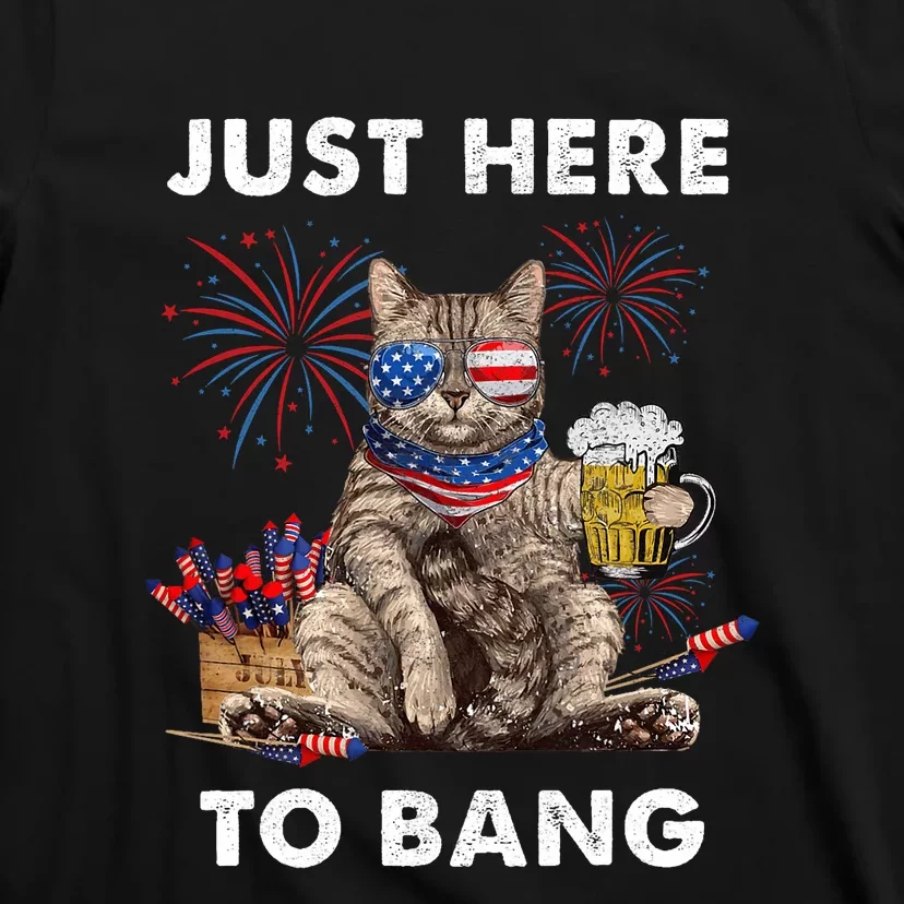 Just Here To Bang Usa Flag Funny Beer 4th Of July Cat Lover T-Shirt