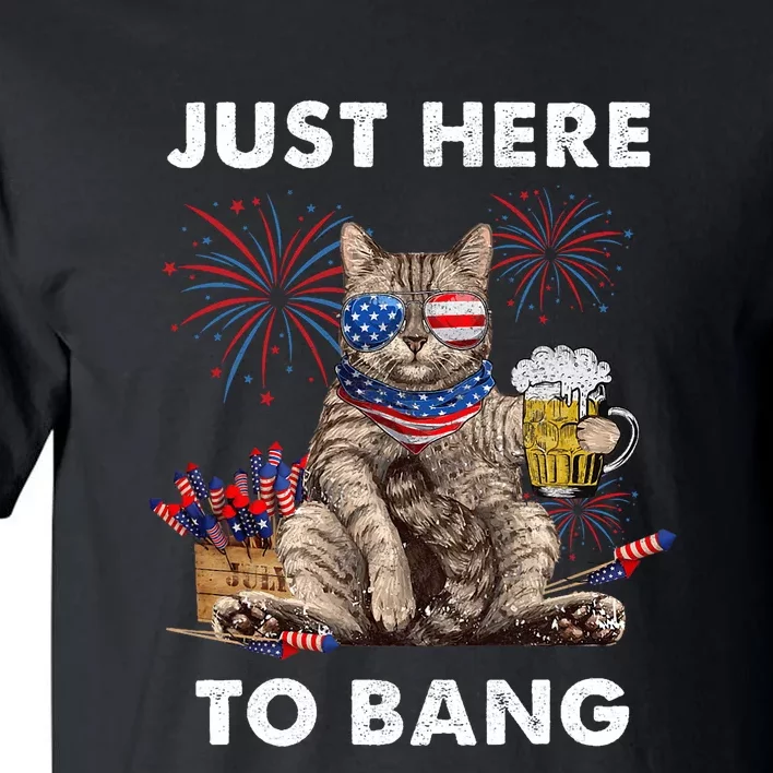 Just Here To Bang Usa Flag Funny Beer 4th Of July Cat Lover Tall T-Shirt