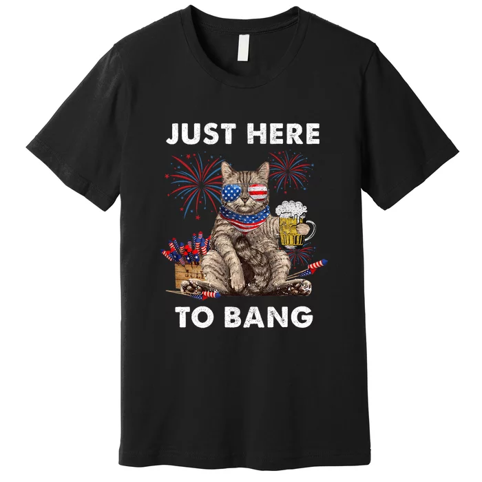 Just Here To Bang Usa Flag Funny Beer 4th Of July Cat Lover Premium T-Shirt